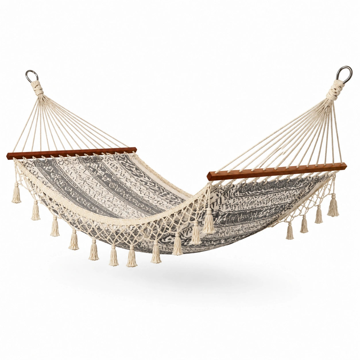 Amaca in cotone intrecciato con barre di legno, beige e grigio