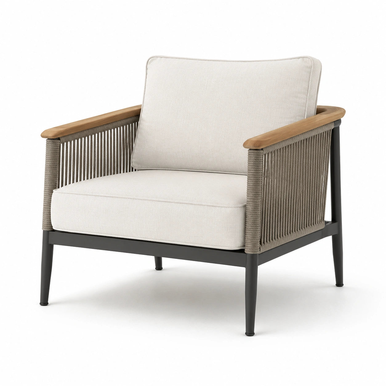 Poltrona da giardino in metallo scuro e legno con cuscini in tessuto beige