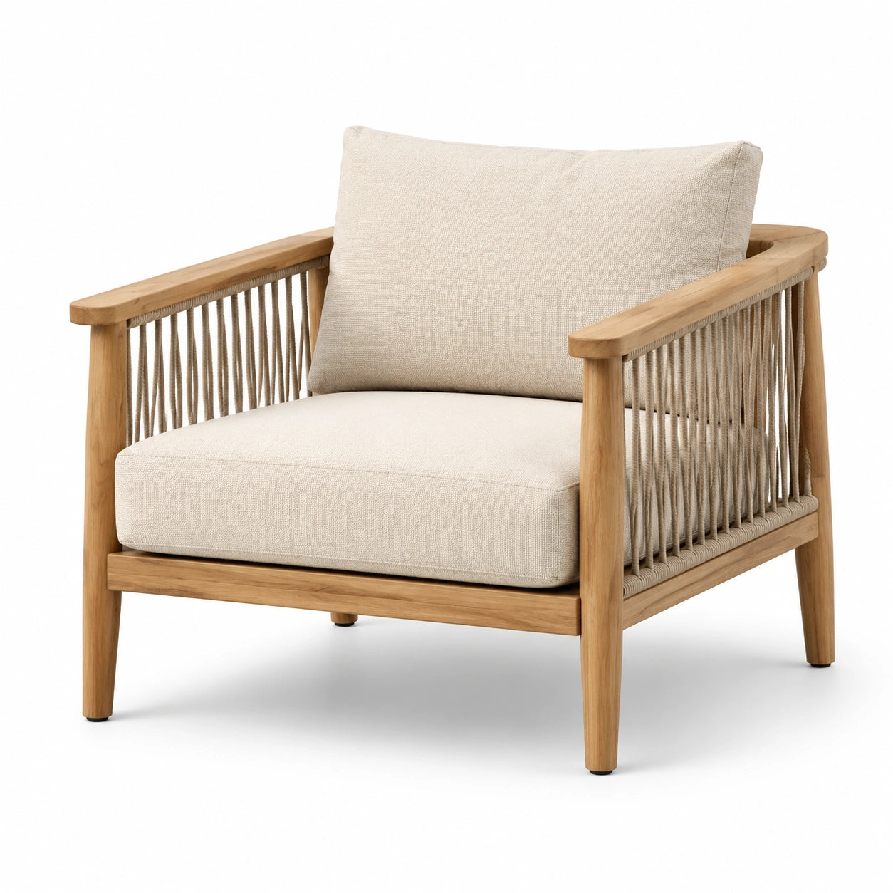 Poltrona in legno e tessuto beige con dettagli in corda