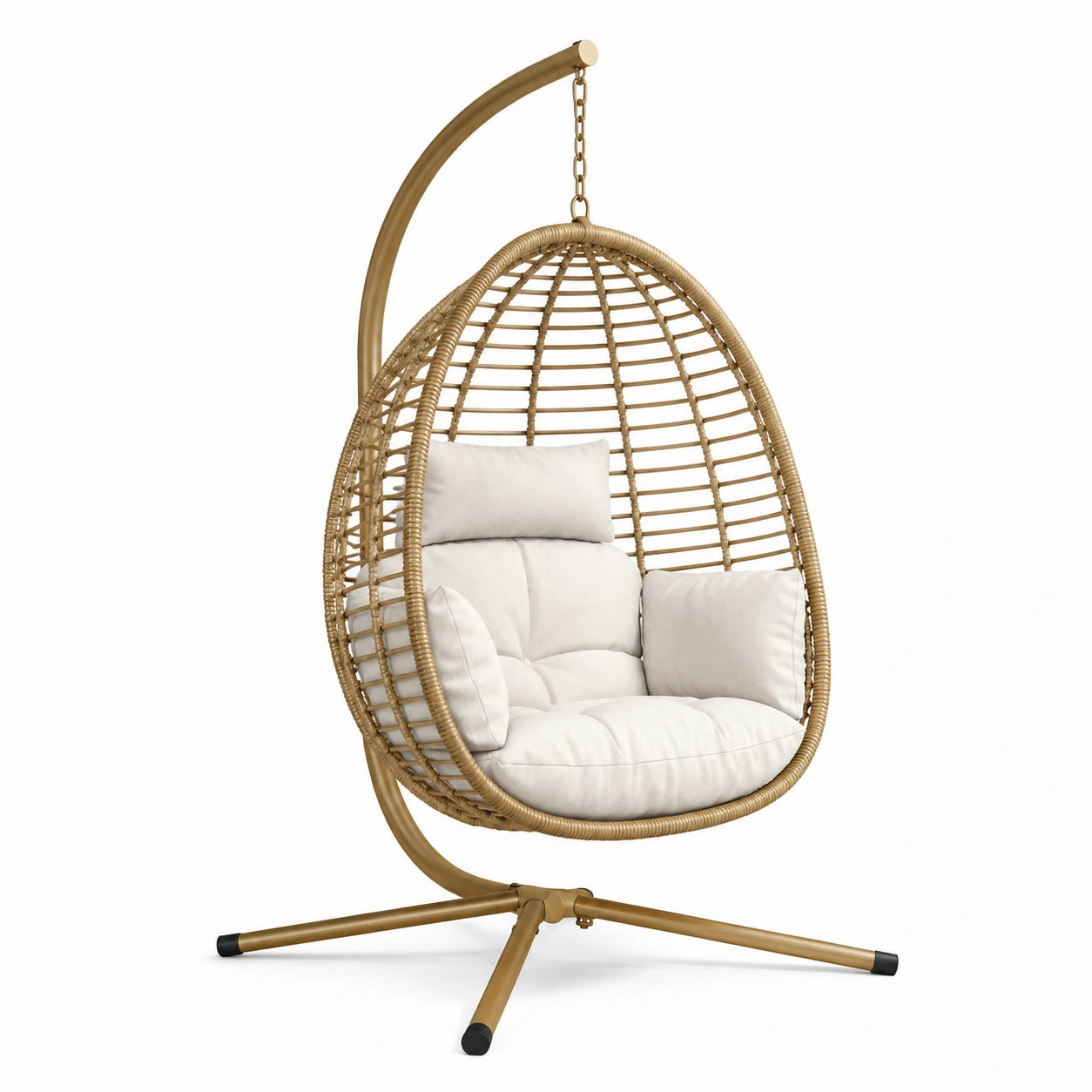 Sedia sospesa in rattan con struttura in metallo e cuscini beige