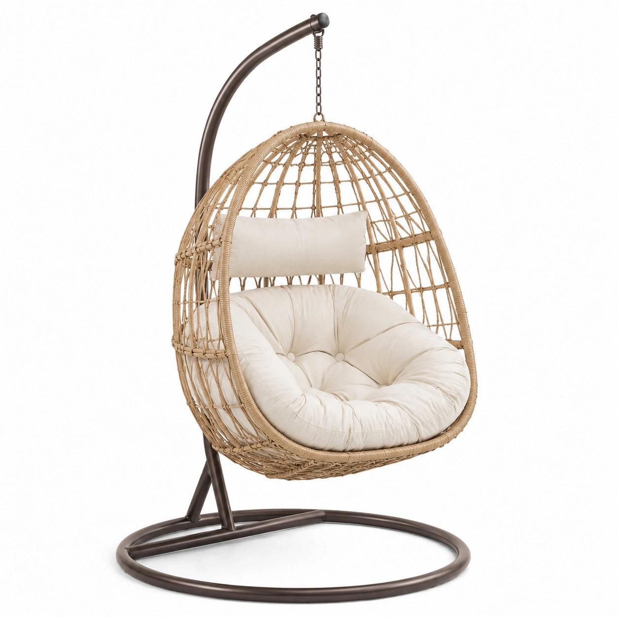 Sedia sospesa in rattan con cuscino in cotone crema e struttura in acciaio