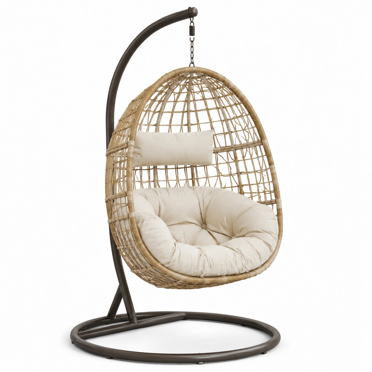 Poltrona sospesa in metallo e rattan con cuscino beige