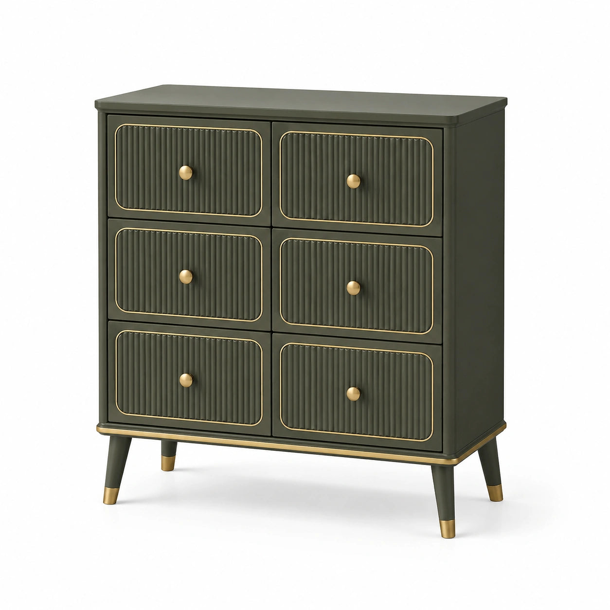 Cassettiera a 6 cassetti in MDF verde opaco con accenti dorati