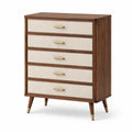 Cassettiera in legno color noce con 5 cassetti e frontali in tessuto beige