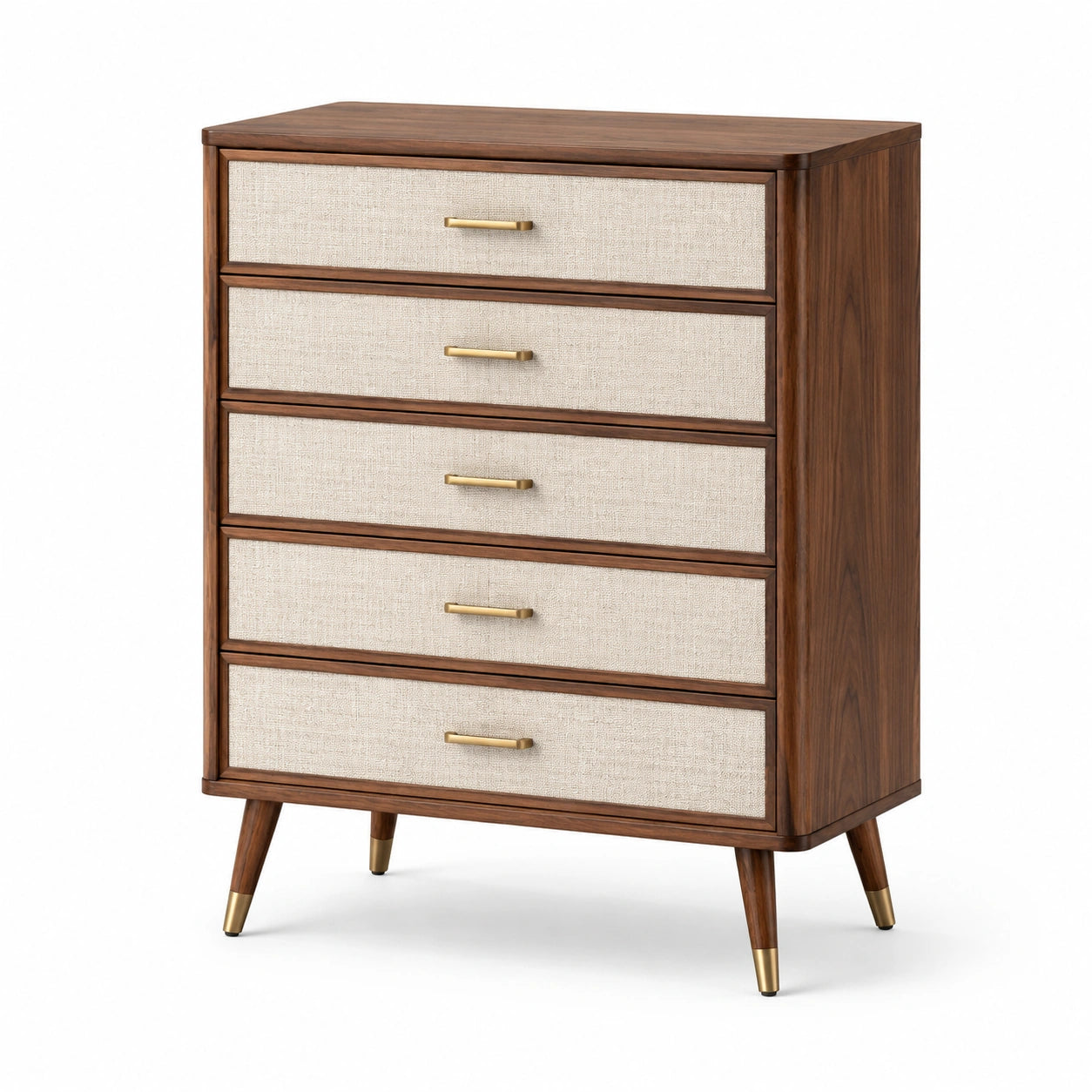 Cassettiera in legno color noce con 5 cassetti e frontali in tessuto beige