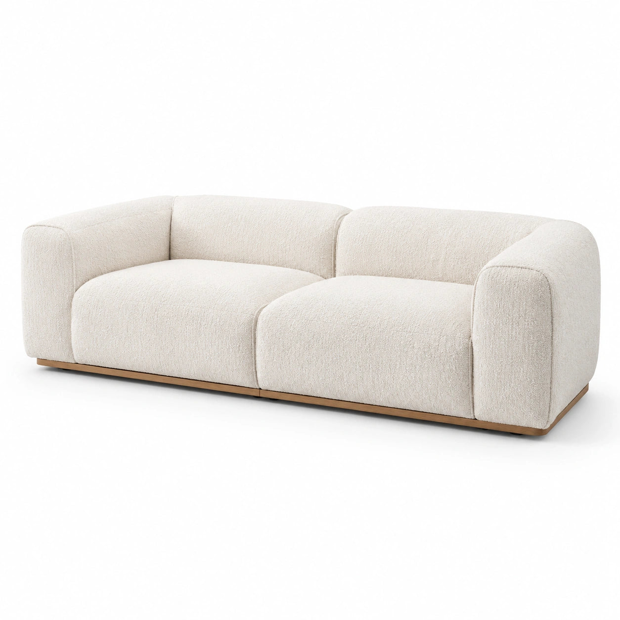Divano in tessuto Bouclé beige con base in legno