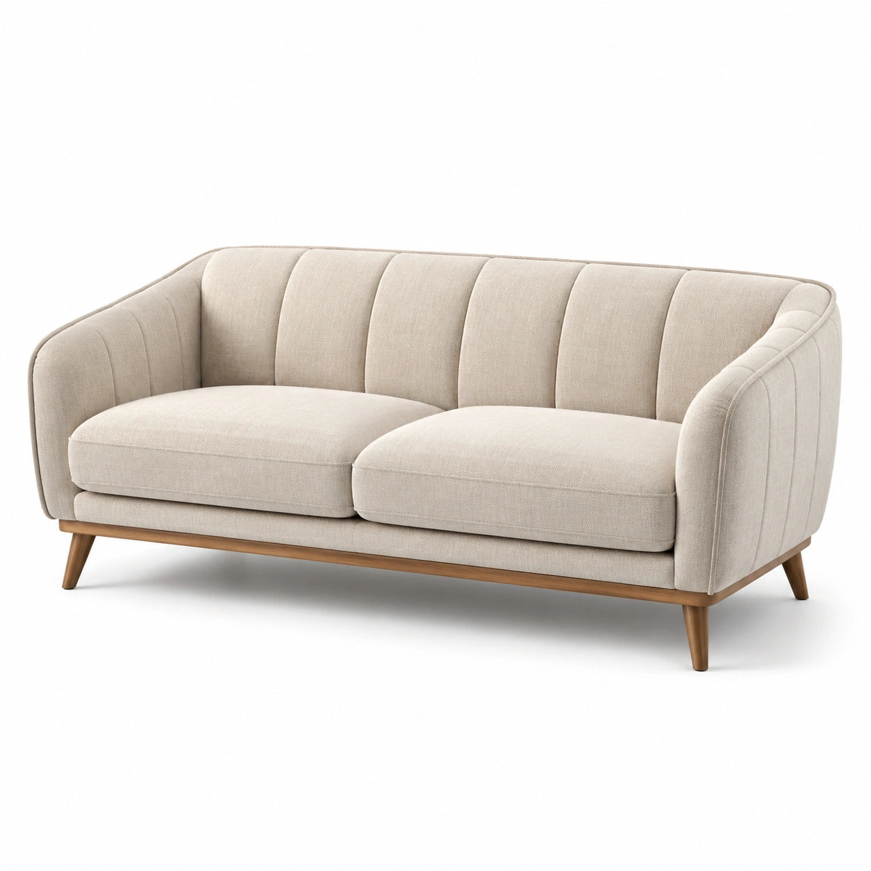 Divano a due posti in tessuto beige con gambe in legno