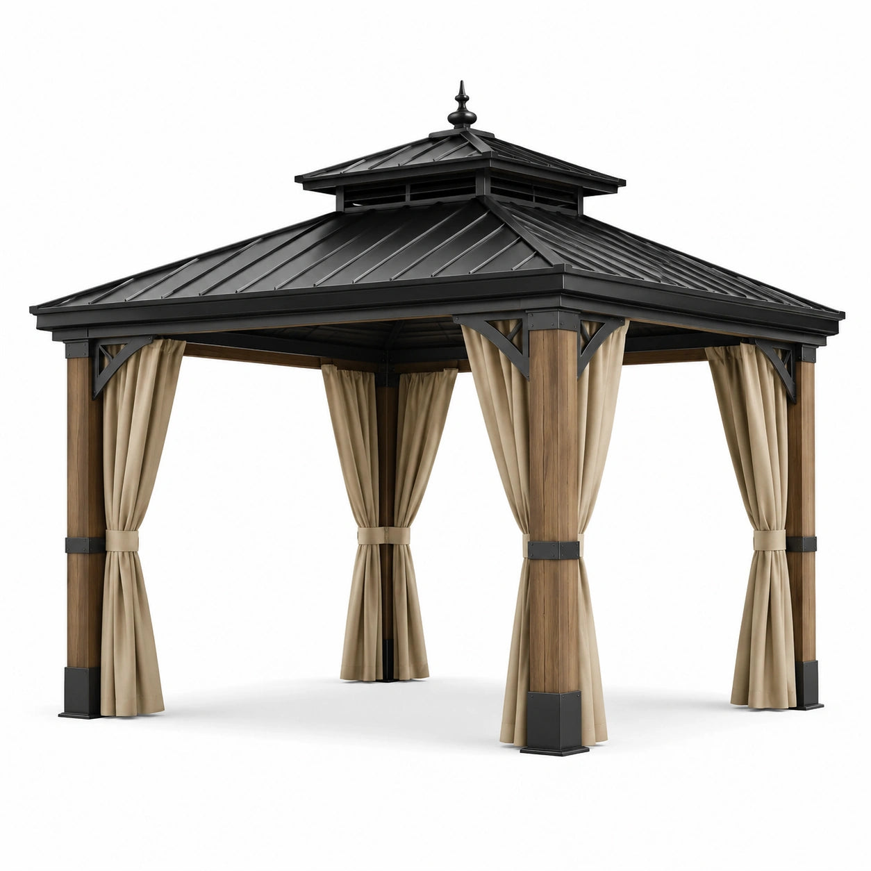 Gazebo in Metallo e Legno con Tende in Poliestere Beige