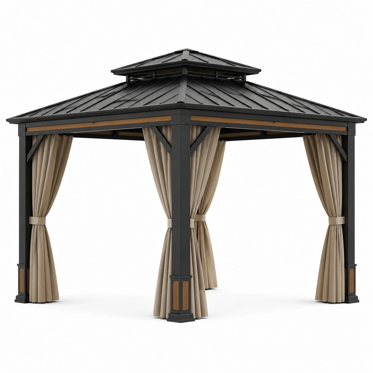 Gazebo in alluminio e acciaio con tende in poliestere 300 x 300 cm nero e beige