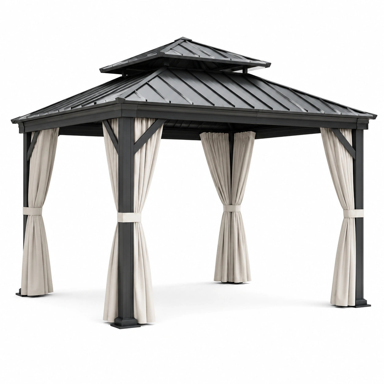 Gazebo in alluminio con tetto in acciaio e tende in poliestere