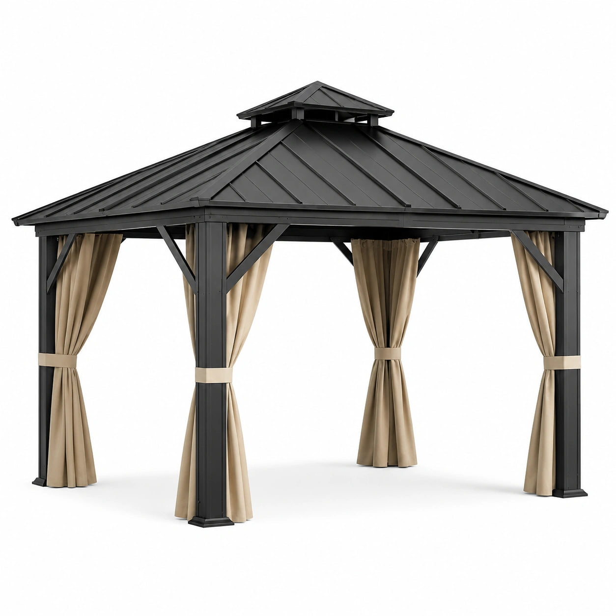 Gazebo in Metallo con Tetto a Due Livelli e Tende in Poliestere Beige 3x3m