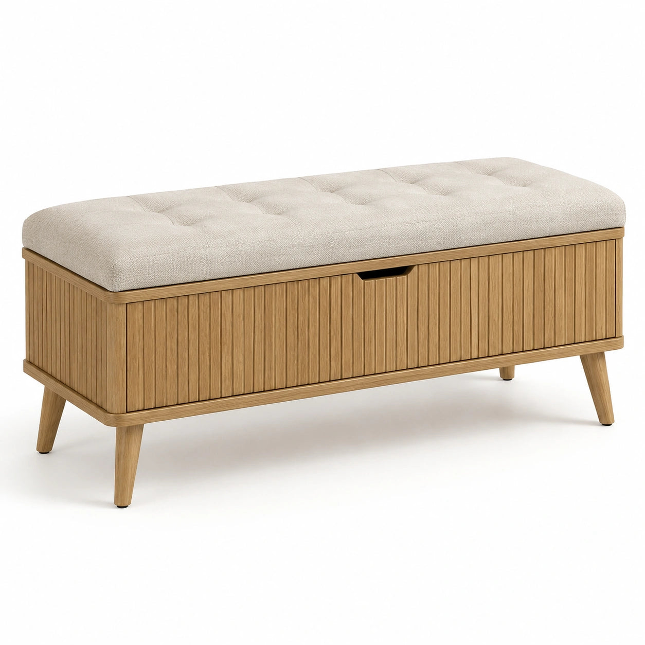 Panca contenitore in legno con cuscino in tessuto beige